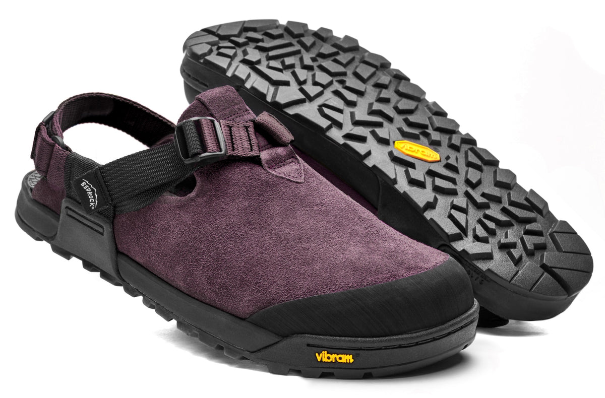 Deep Plum Mountain Clogs displaying rubbed vibram outsole and upper
