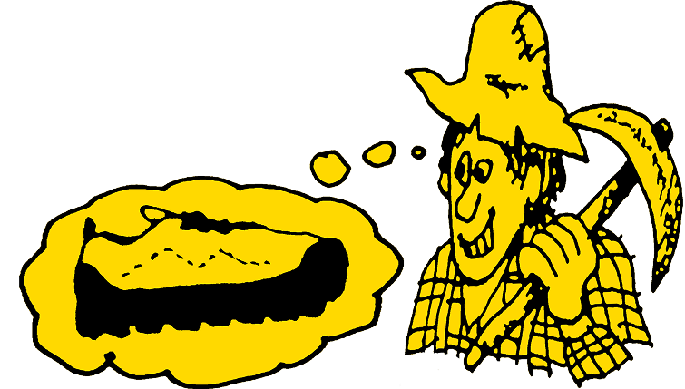 A cartoon illustration of a yellow scarecrow holding a pickaxe, with a thought bubble showing a dark rectangular shape on a white background.