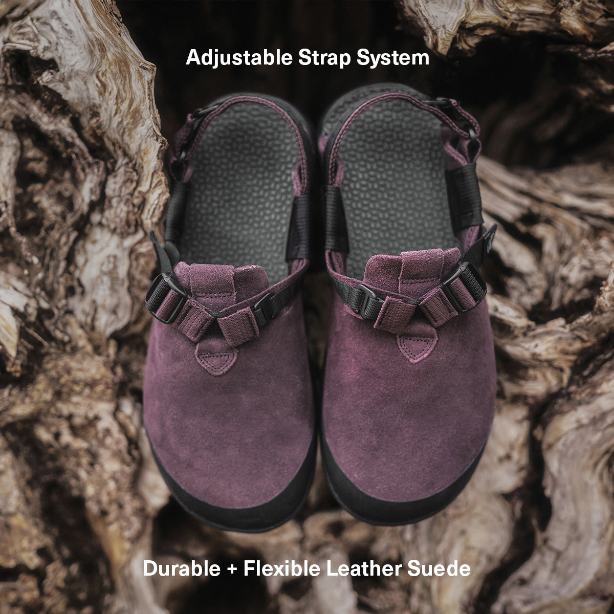 adjustable strap system, durable + flexible leather suede