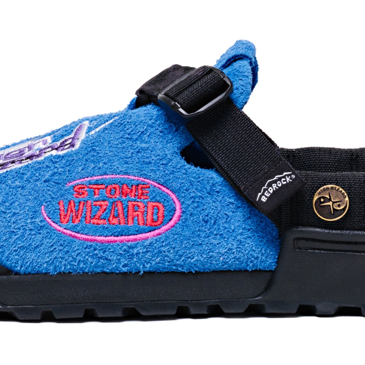 Stone Wizard Cyber Blue Clogs detail embroidery