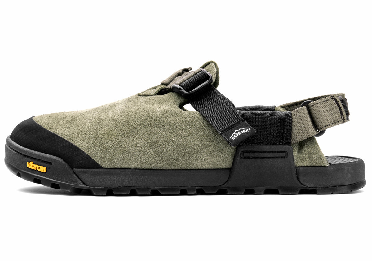 Lateral view of sagebrush green leather suede mountain clogs 