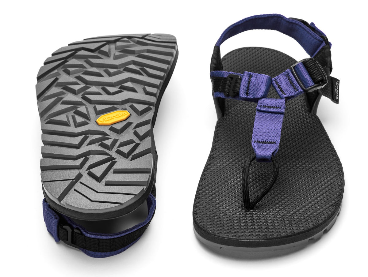 A pair of Cairn Evo PRO Sandals with lupine purple straps and black footbed, featuring a hook-and-loop strap design and Vibram Megarip outsole.