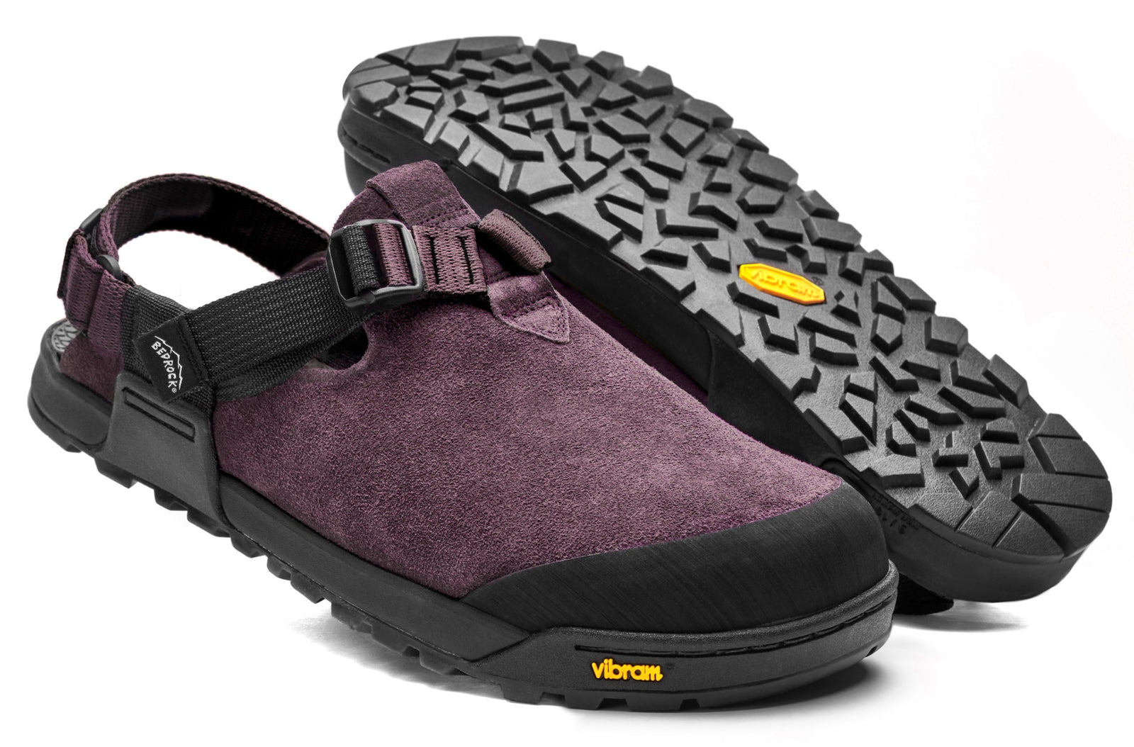 Deep Plum Mountain Clogs displaying rubbed vibram outsole and upper