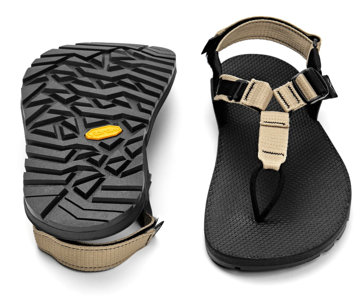 A pair of Cairn Evo Sandals with bone tan straps and rugged Vibram XS Trek Evo sole. 