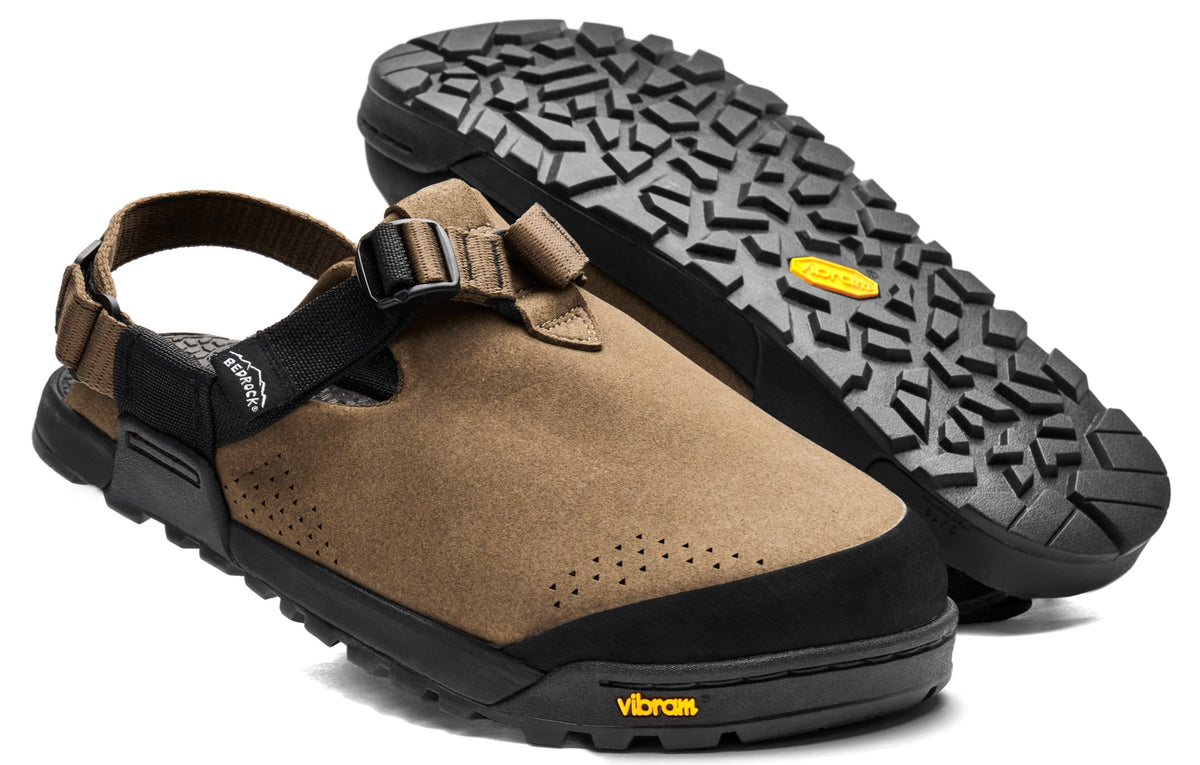 Pinecone Synthetic Suede Mountain Clogs view of rugged vibram sole and upper
