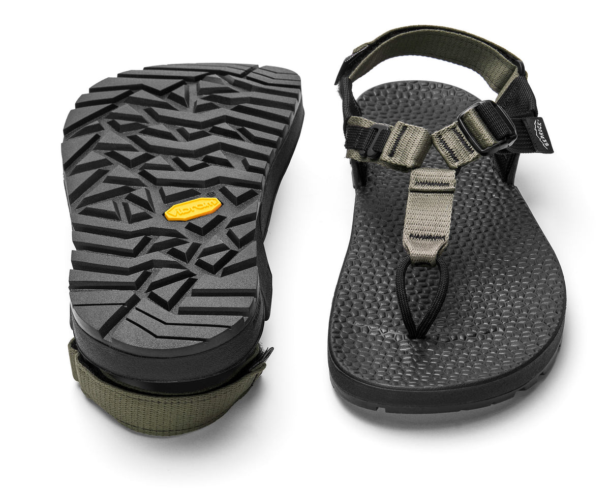 A pair of Cairn Evo 3D sandals with charcoal straps and a rugged black vibram Evo XS Trek sole.