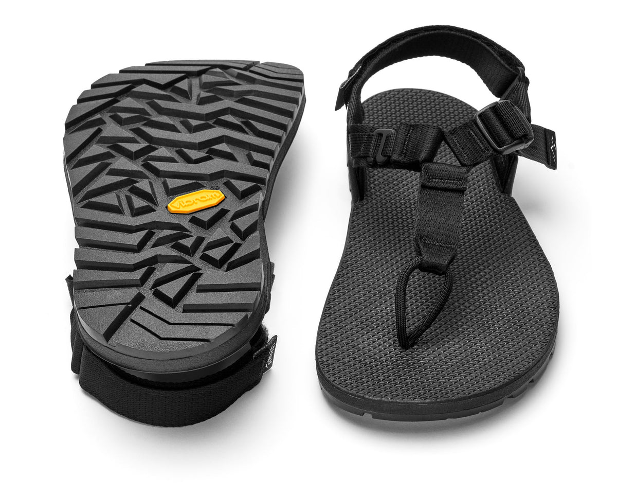 A pair of Cairn Evo Sandals with black straps and rugged Vibram XS Trek Evo sole. 