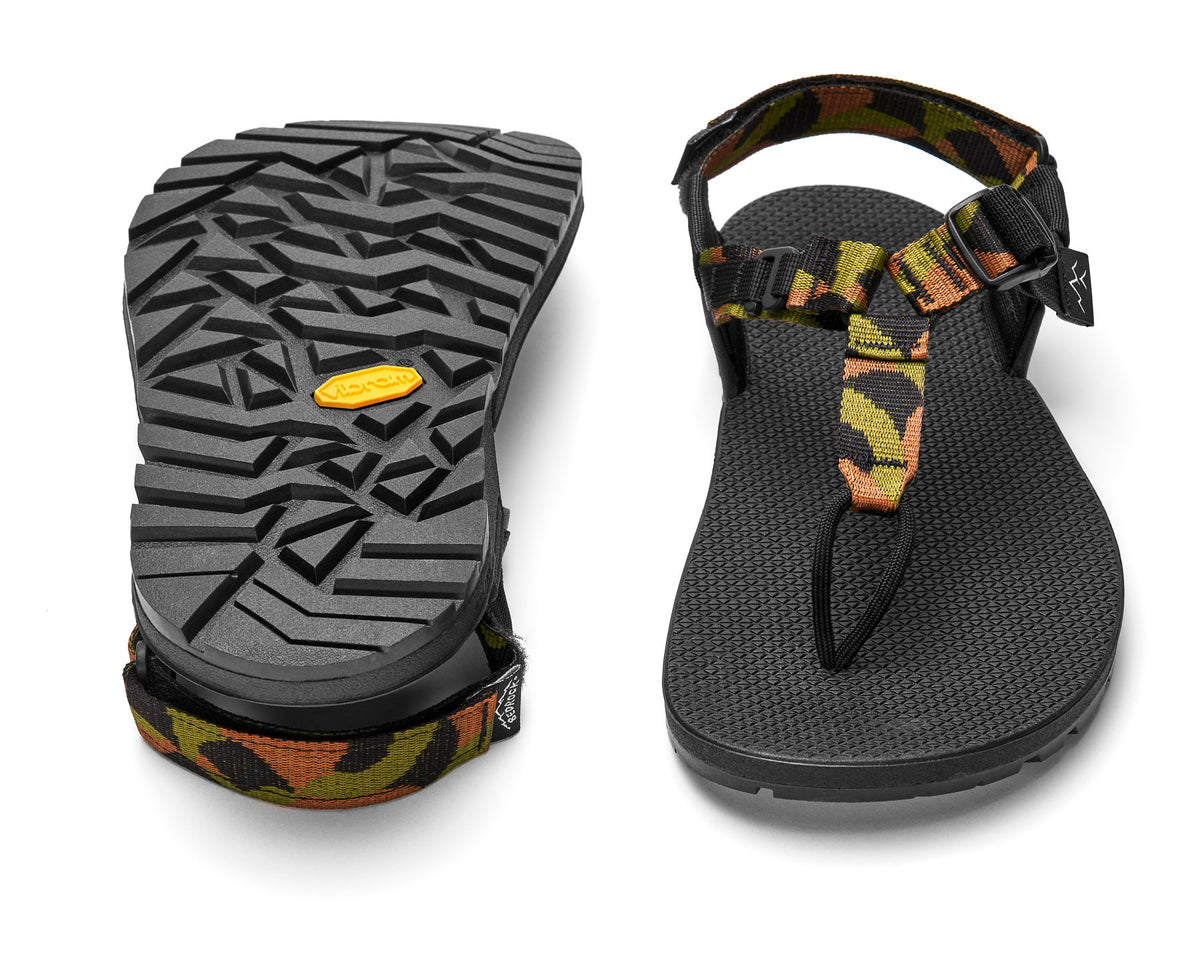 A pair of Cairn Evo Sandals with block landscape pattern straps and rugged Vibram XS Trek Evo sole. 