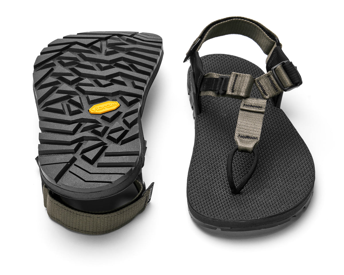 A pair of Cairn Evo Sandals with charcoal straps and rugged Vibram XS Trek Evo sole. 