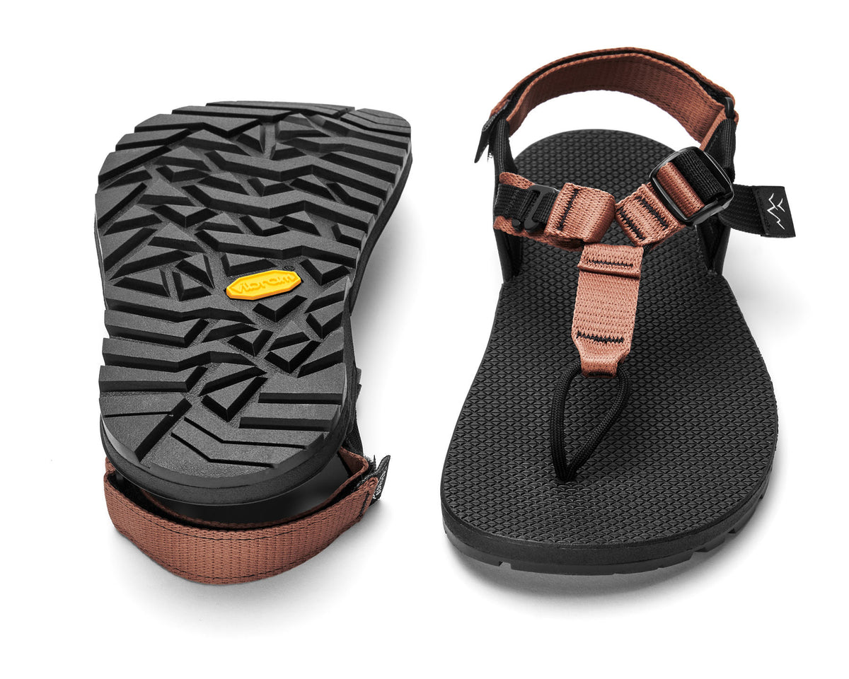 A pair of Cairn Evo Sandals with clay straps and rugged Vibram XS Trek Evo sole. 