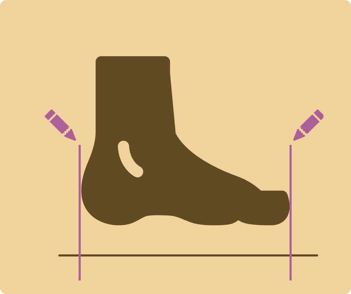 A flat vector illustration of a dark brown boot silhouette on a warm beige background, with purple measurement guide lines and two small purple pencil icons at the sides.