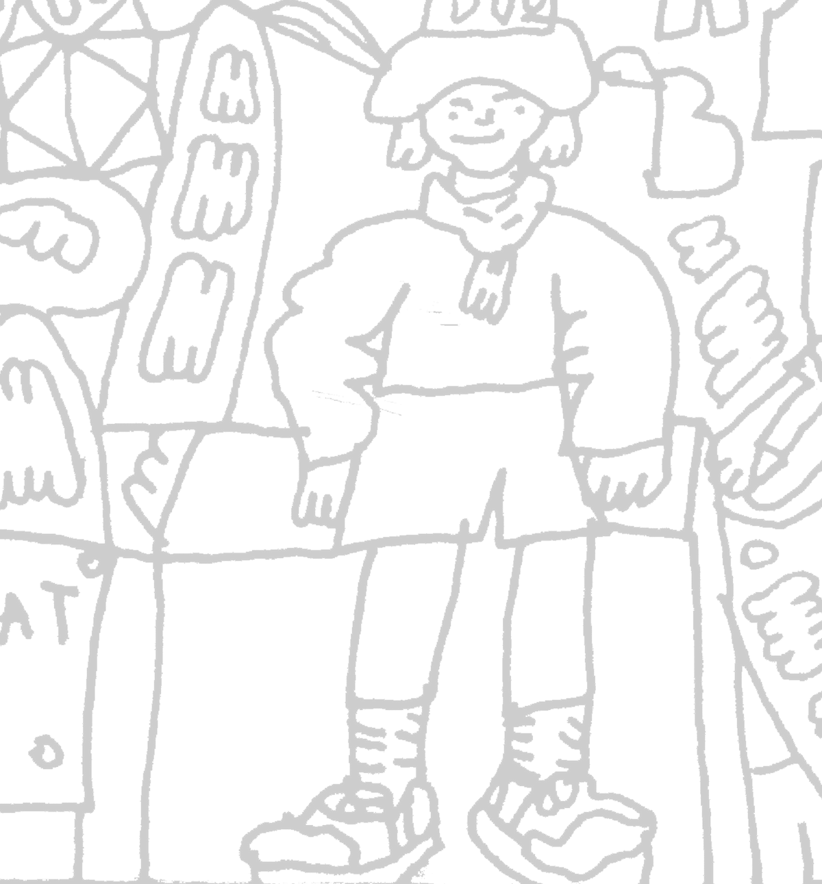 A hand-drawn style illustration in green and black, showing a smiling child standing in front of a whimsical background with abstract shapes and lettering.