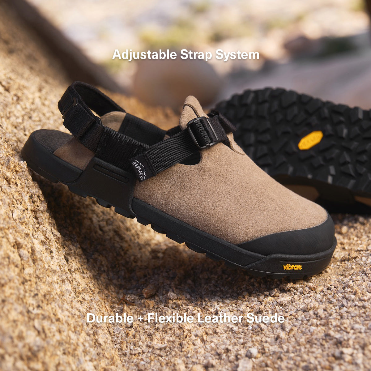 Adjustable strap system, durable + flexible leather suede