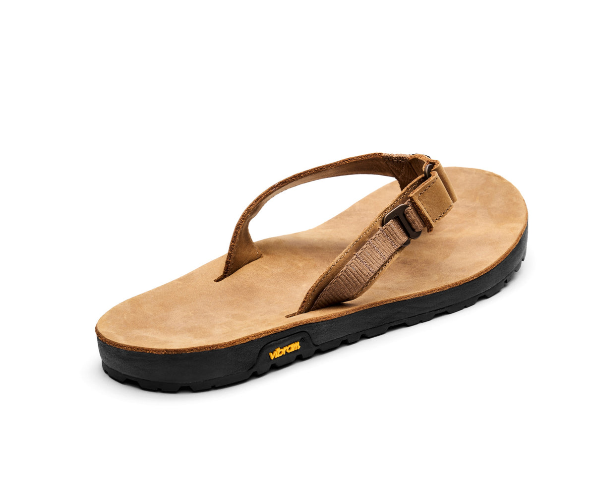 Brown nubuck leather rockhound flip flop angle view