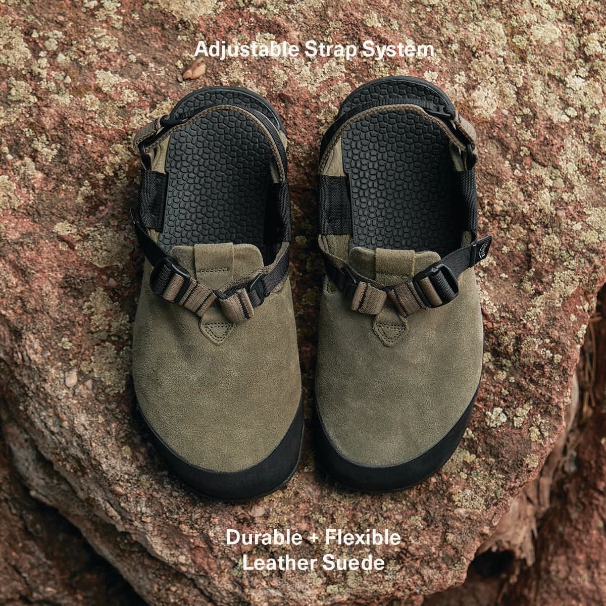 adjustable strap system, durable + flexible leather suede